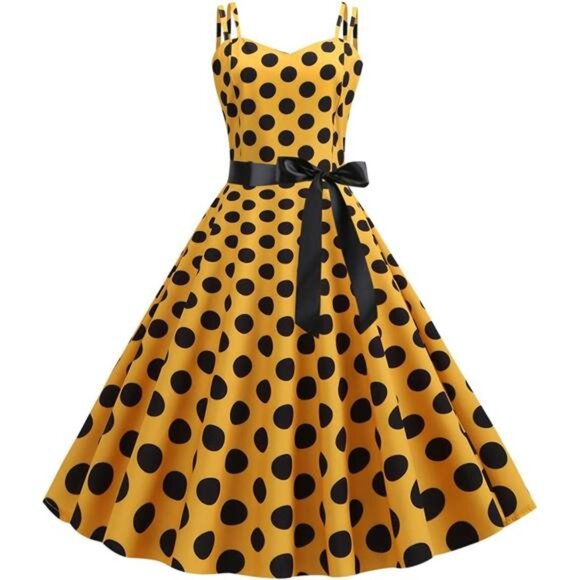 Women Retro Swing Dress Yellow Black - Picture 1 of 5